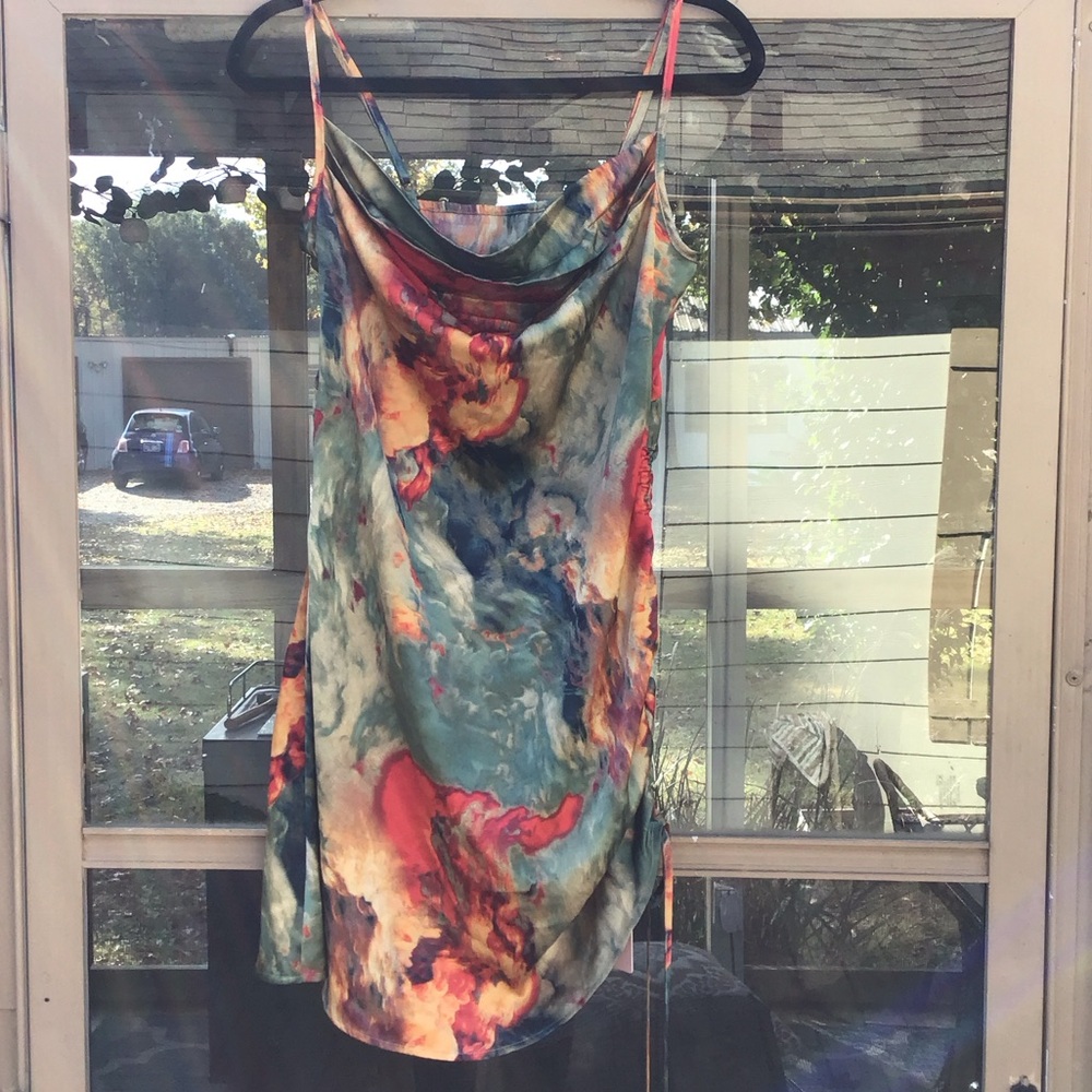 Micas Watercolor Print Ruched Drawstring Multi Color Mini Slip Dress - Picture 10 of 16